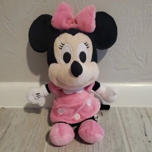 Disney Minnie Mouse Plush Pink Polka Dot Dress and Bow Stuffed  9" Preowned